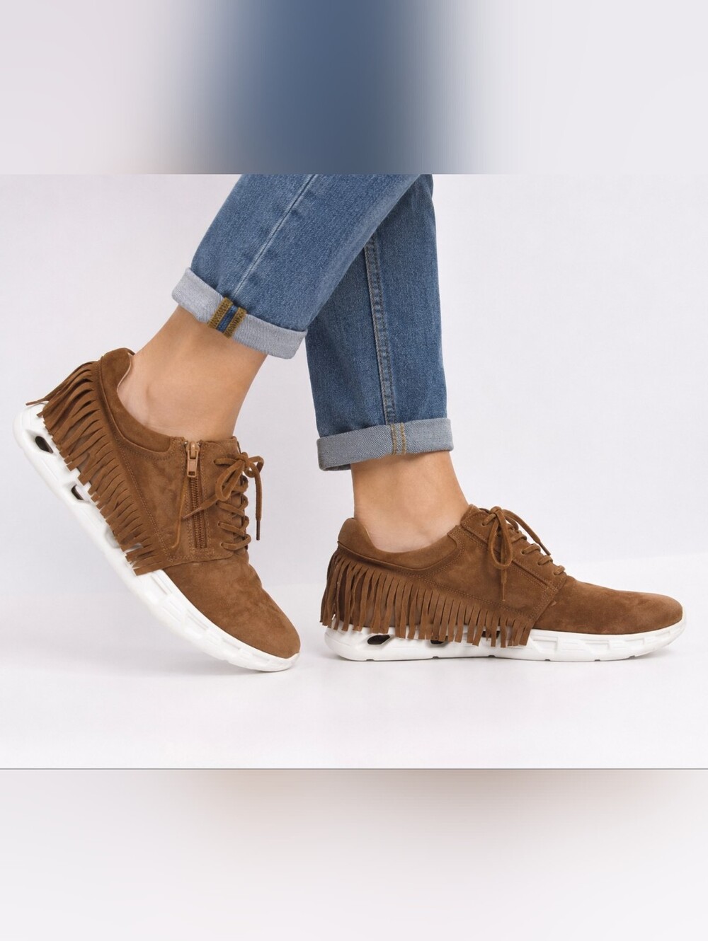 Vaneli Alvina Suede Fringe Sneakers Womens 8 Tan Boho Comfort Zip